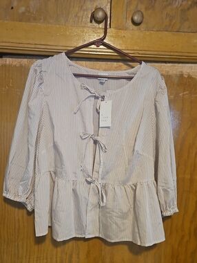 a new day Striped Tie-Front Peplum Blouse - White & Tan 3/4 Sleeve
